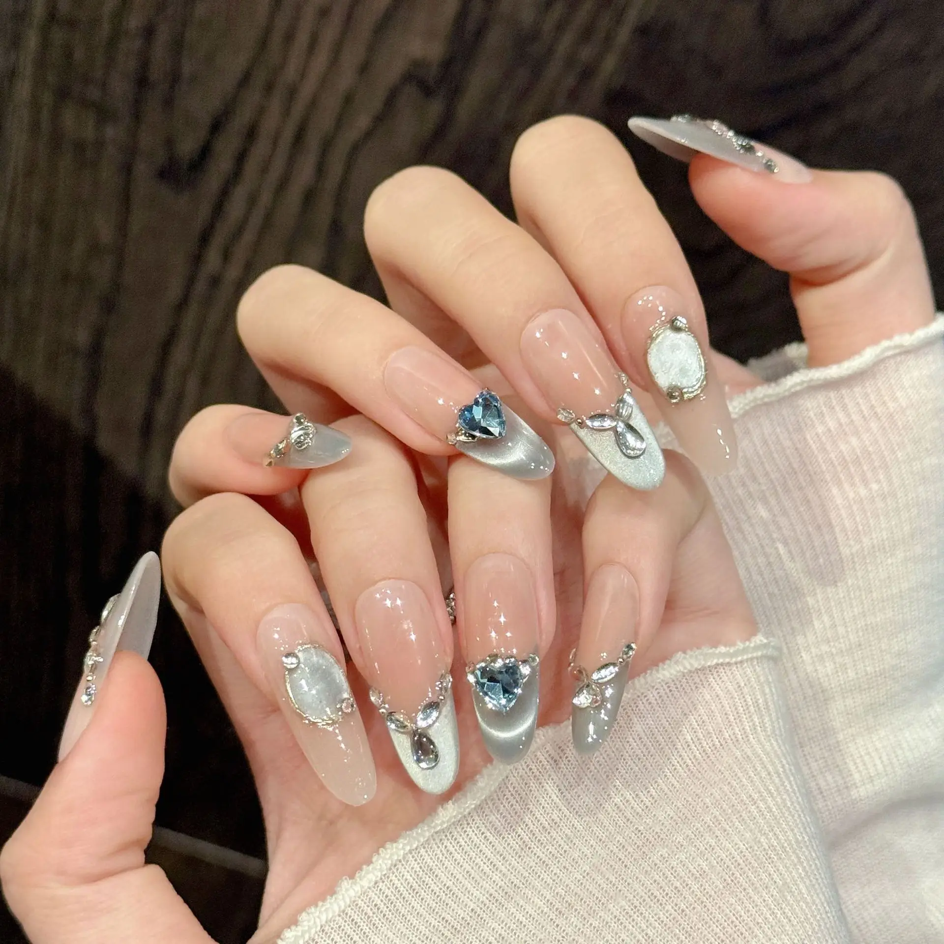 10 قطعة الصحافة اليدوية على الأظافر بريق الماس ديكور النمط الفرنسي الأظافر كاذبة الحلو كول طويل اللوز انفصال أظافر وهمية نصائح #2