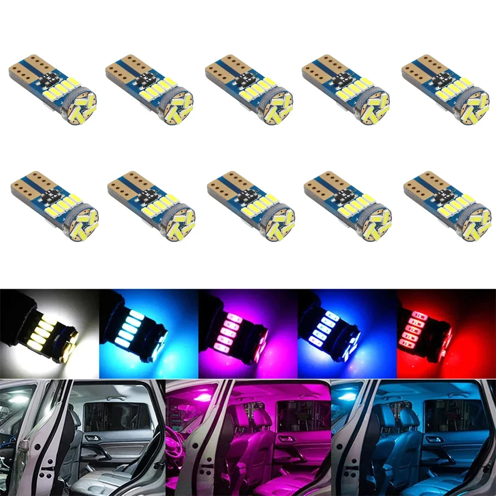 10pcs T10 Led Light W5W 15 SMD 3014 Chip Car Wedge Clearance Lamp Interior Reading Dome Light Side Indicator White Blue Pink