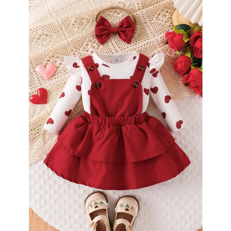 Baby Girl New Spring Summer Autumn Love Crawler Strap Skirt Set Wine Red Sweet Baby Clothing Set