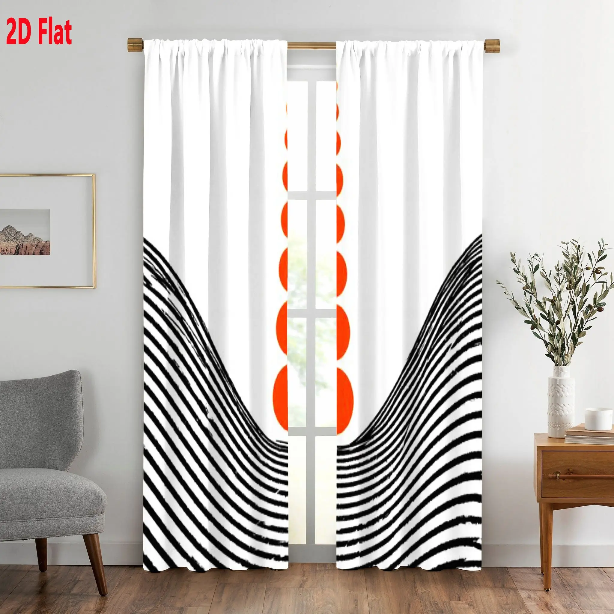Modern Abstract Geometric Wave Stripe Curtains Set Black White Orange Pattern 2pcs Living Room Window Drapes Decoration Home Dec