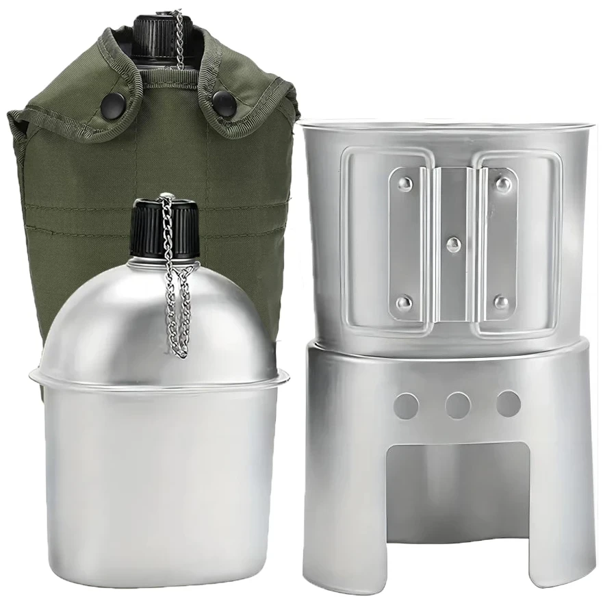 

Military Canteen Cookware Set Aluminum Alloy Multi Functional Water Bottle Grab Handle Cup Green Canvas Camping Supplies