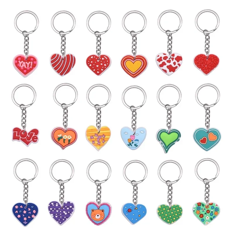 16/18pcs New PVC Heart Love Keychain Fashion Colorful Key Chain Ornament Bag Purse Charm Accessories Women Valentine's Day Gift