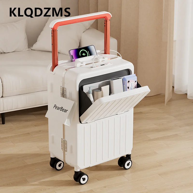 

KLQDZMS Carry-on Travel Luggage Front Opening Laptop Boarding Case USB Charging Trolley Case 20"24Inch Aluminum Frame Suitcase