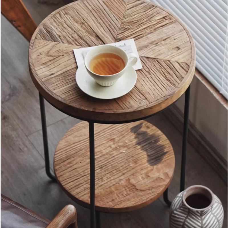 Elm Wood Side Table Round 2-Tier Tea Tables for Sofa Minimalist End Desk with Storage Shelf Versatile Plant Stand Home Furniture