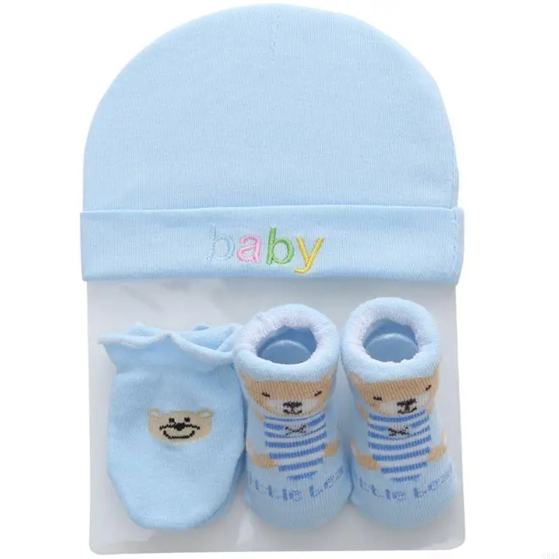 C5AF Pack of 3 Baby Hat Mittens Sock Infants Anti Scratching Gloves+Hat+Sock Set