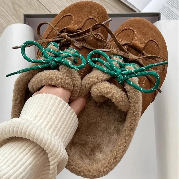 

Bow Suede Platform Fur Slippers Women Flats Warm Mules Shoes Plush Cotton Flip Flops 2025 Winter New Casual Fashion Women Shoes