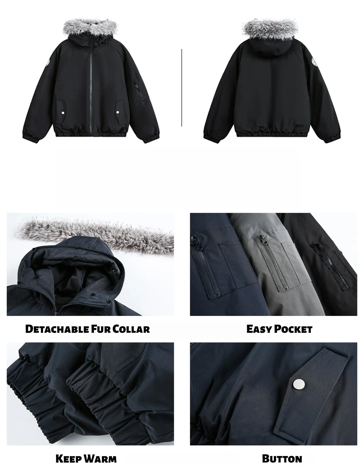 Detachable Fur-Trim Hooded Cotton Jacket for Men Winter Thickened Warm Workwear Parka Water-Resistant Short Wide Cotton Coat