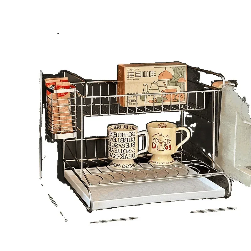 Entrance stainless steel rack countertop coffee cup mug drain rack double layer coffee strip coffee powder storage basket