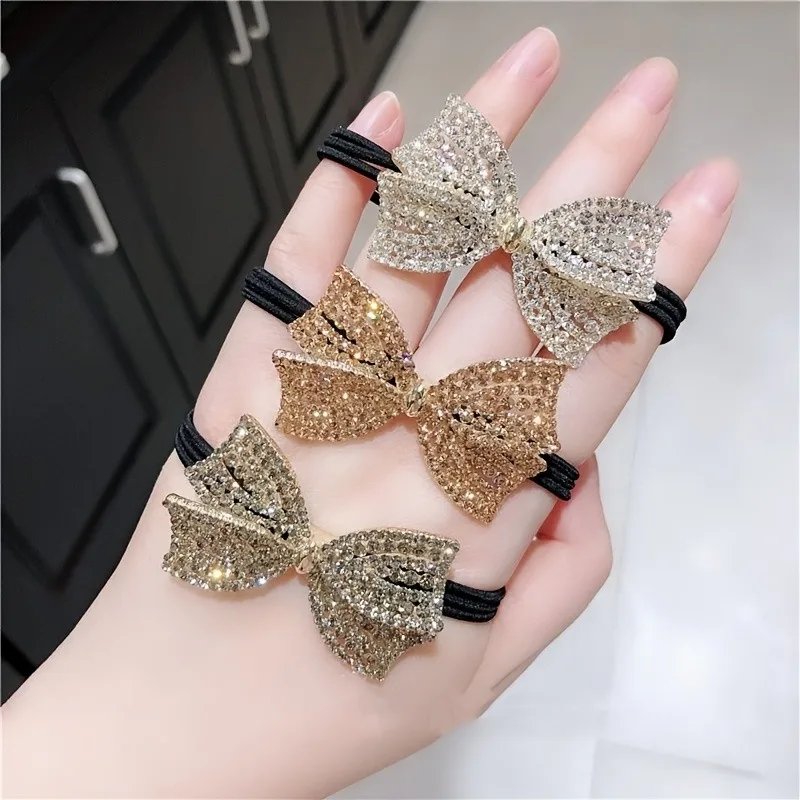 Exquisite Luxury Bow Sparkling Diamond Head Rope Tied Hair High Elasticity Hair Loop Meatball Head Women's Fashion Hair Rope