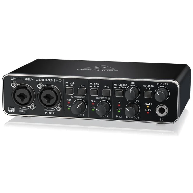 Behringers UMC204HD Audiophile 2x4, 24-Bit/192 kHz USB Audio/MIDI Interface with Midas Mic Preamplifiers Sound Card