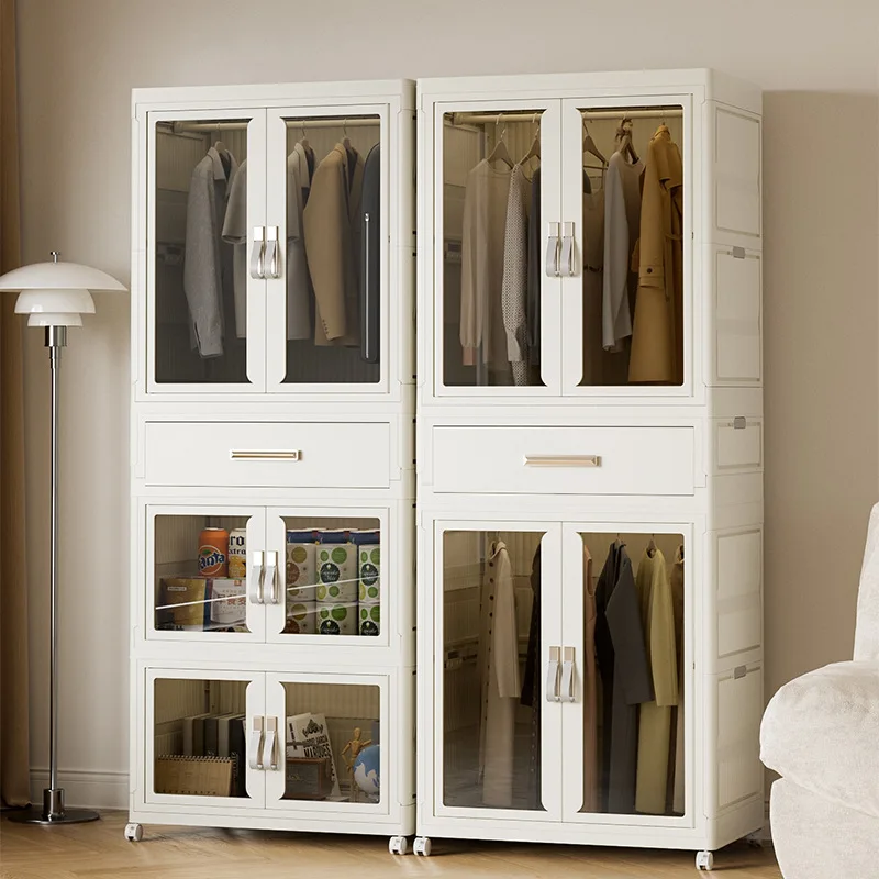 %Folding Wardrobe Transparent Plastic Storage Cabinet With Pulleys For Household Storage Box