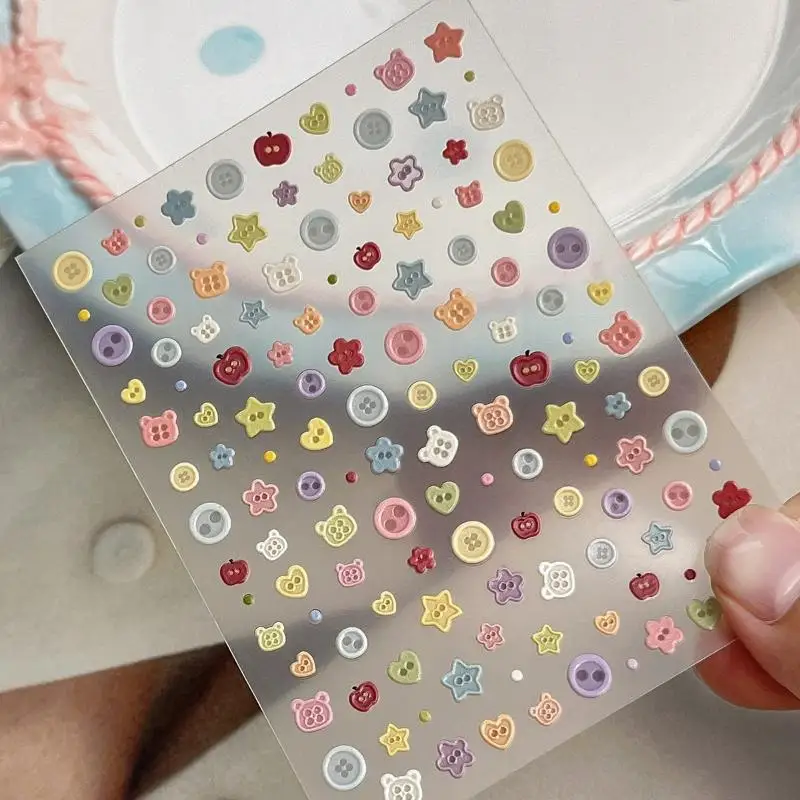 Kawaii Embossed Cartoon Buttons DIY Nail Art Stickers For Scrapbook Journal Material Decor Decals
