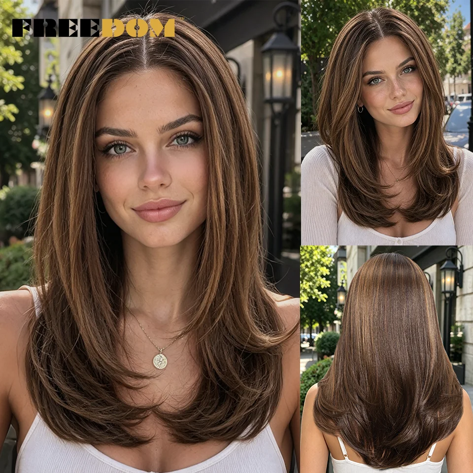 FREEDOM 13X3 Synthetische Lace-Front-Perücken für Damen, 16" Ombre-Braun mit Highlights, geschichtet, gewellt, vorgezupfter Haaransatz, Perücken für den täglichen Gebrauch – Detail 1