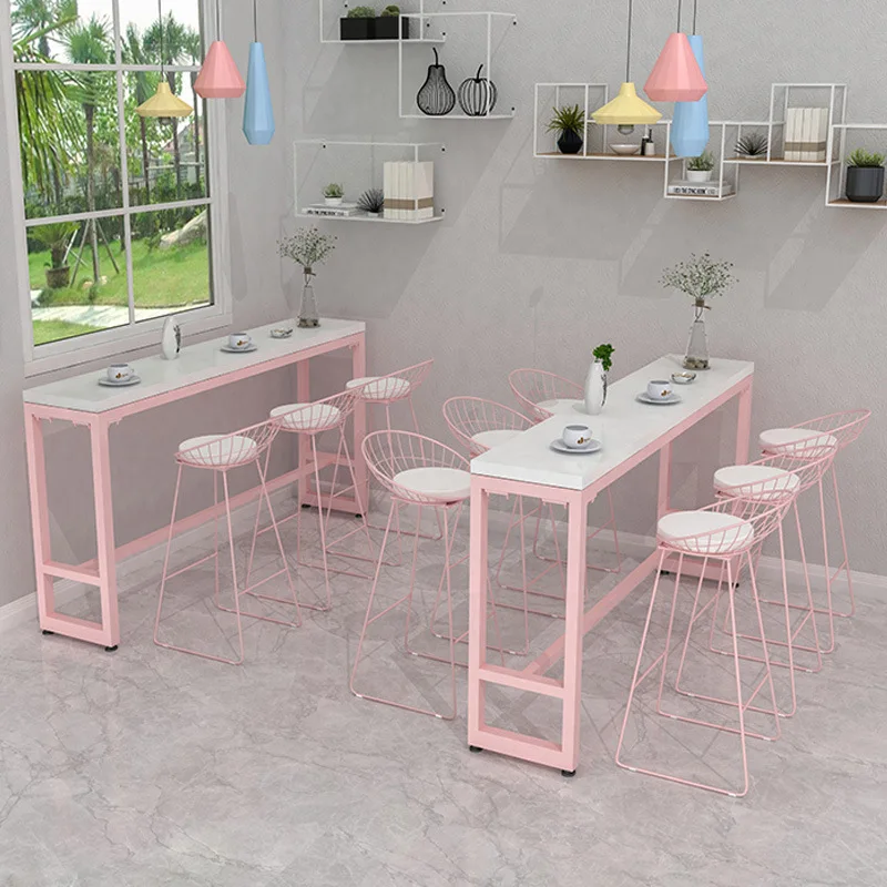 

Pink girl bar table ins Internet celebrity milk tea shop casual high table, creative, bar table and chairs solid wood