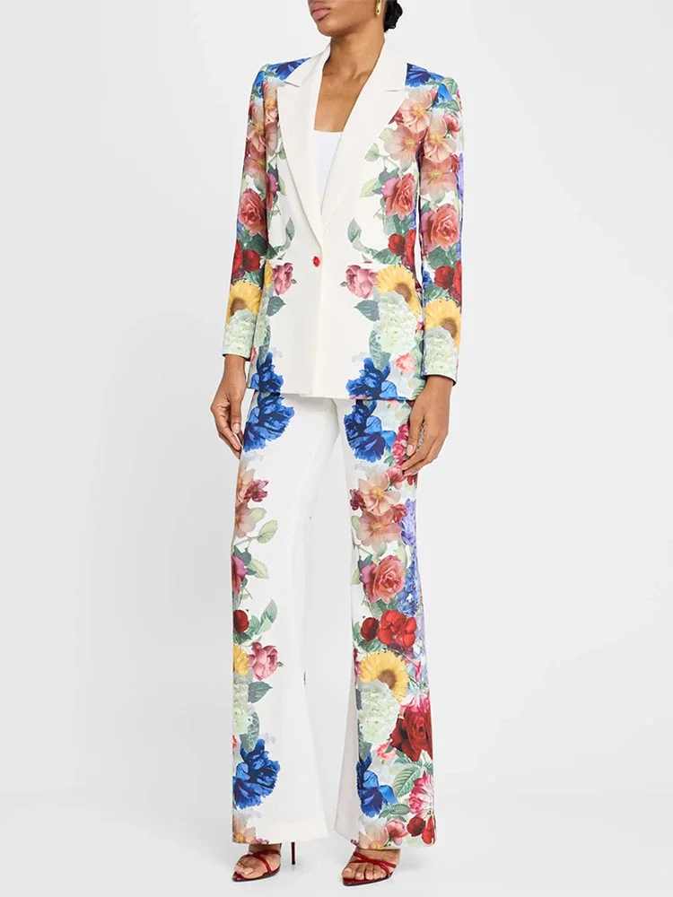 

Winter Women Flower Print 2-Piece Set Sexy Long Sleeve Single Buckle Jacket+Straight Trousers Suits Evening Party Cocktail Sets