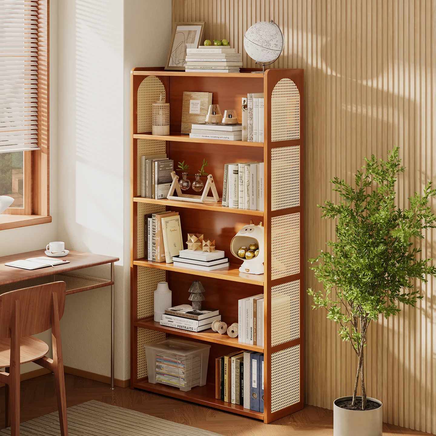 

Retro rattan corner decoration shelf in bedroom solid wood screen, living room sofa wall bookcase