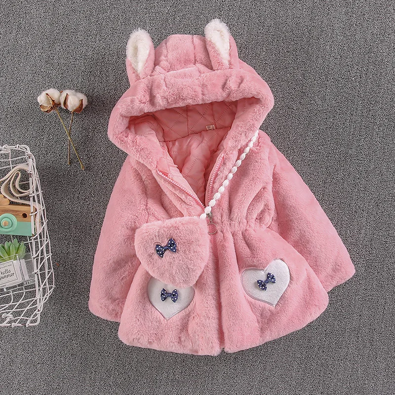 New Style Children's Clothing Girls' Outerwear  Woolen Sweater Children's Faux Fur Heart-shaped Bag Thick Cotton Jacket