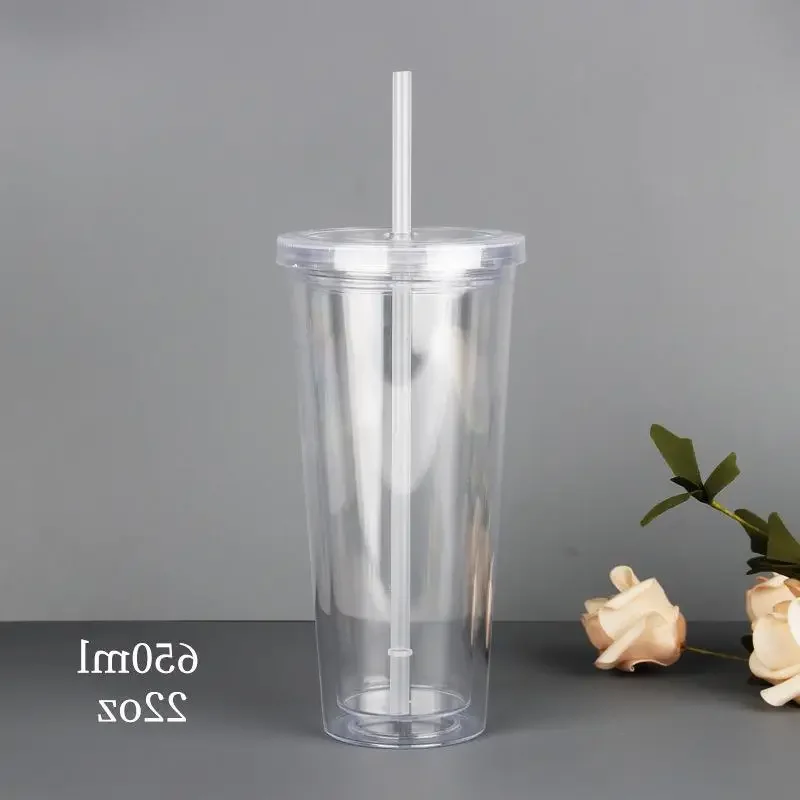 1pc 350/450/650ml Double-walledIce PlasticIced Tumbler Cold Drink Travel Mug Coffee Juice Tea Cup With Straw Reusable Smoothie