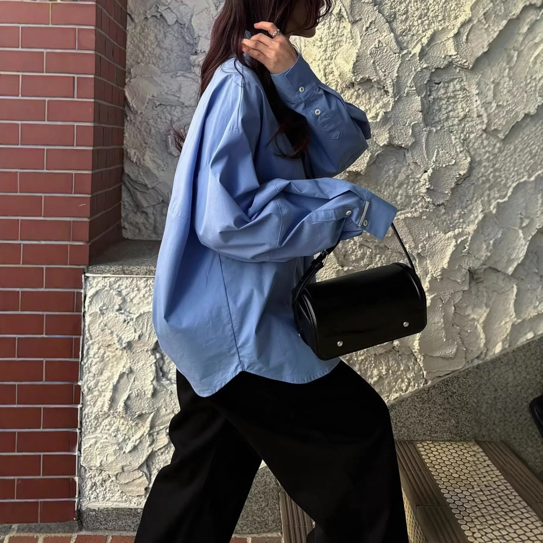 

Gagarich Japanese Spring Summer Instagram Blogger Retro Fashion Solid Color Splicing Contour Shirt Loose Slim Top Women