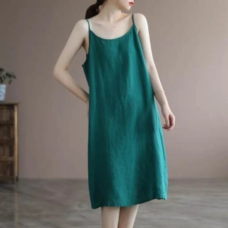 Summer Women's Clothing New Suspender Cotton Linen Solid Color Loose Breathable Covers the Belly Slim A-line Length Dresses