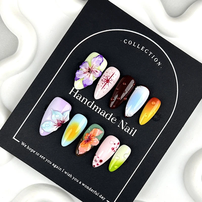 

10Pcs 3D Flower Almond Handmade Press on Nails Fake Nails Wearable Stick-on Full Cover Tips Nails False Nail Накладные Ногти 네일팁