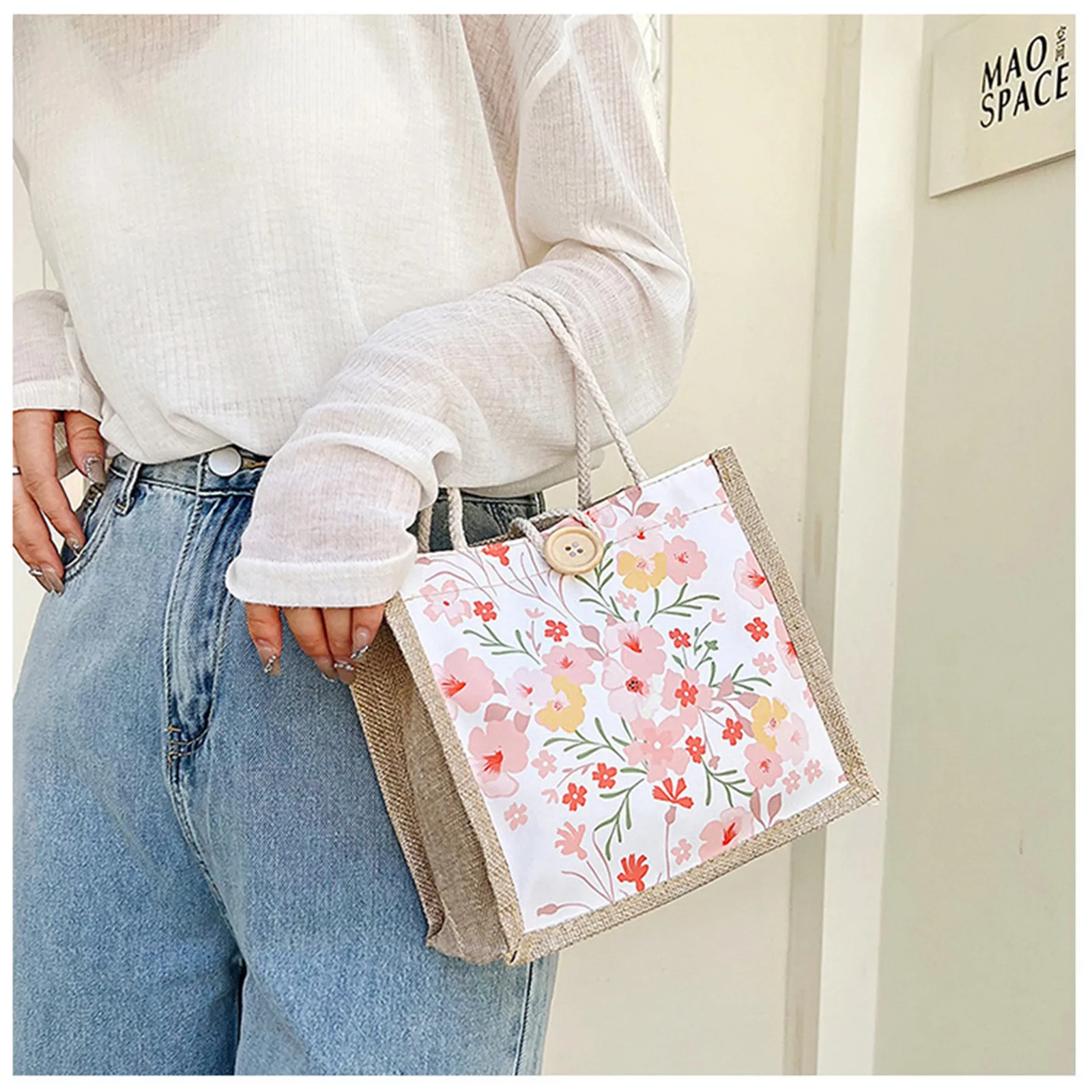 Floral Canvas Bag Women\'S Bag Small Fresh Shoulder Bag Fashionable Tote Bag Small Fresh Zippered Reinforced Handles Soft