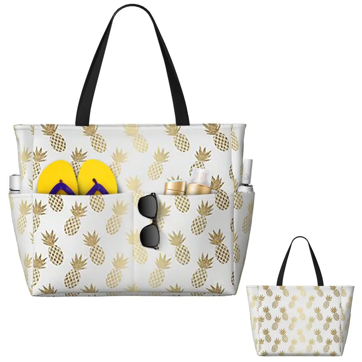 

Gold Pineapple Pattern Beach Tote Bag Sport Gym Yoga Duffle Large Tote Bag Women Travel Bag Fitness bag