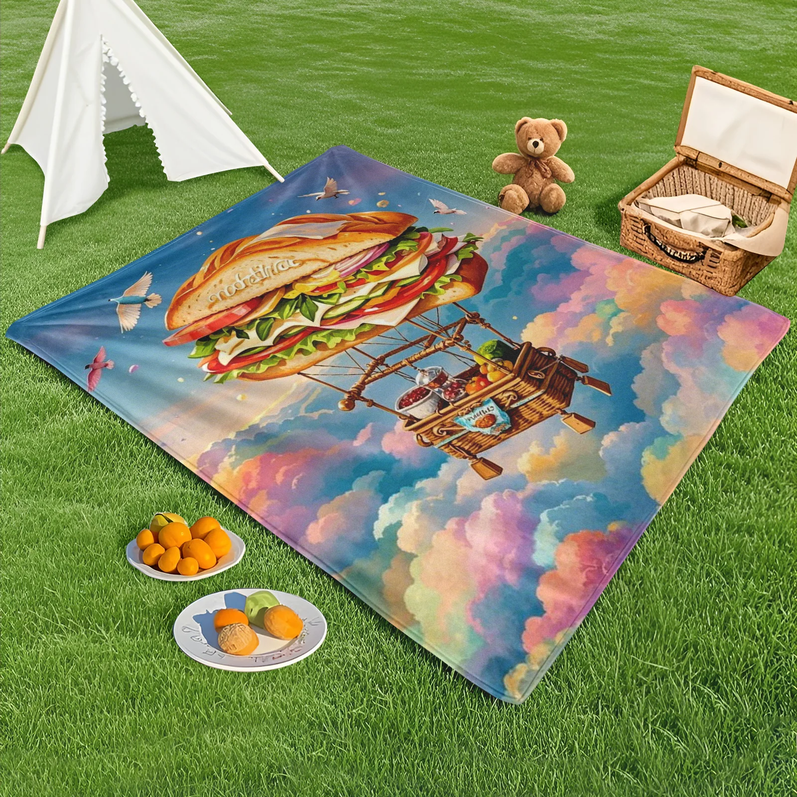 Dreamy Sandwich Rainbow Clouds With Birds And Balloons Outdoor Blanket For Camping Beach Picnic Cozy Decor Gift Idea