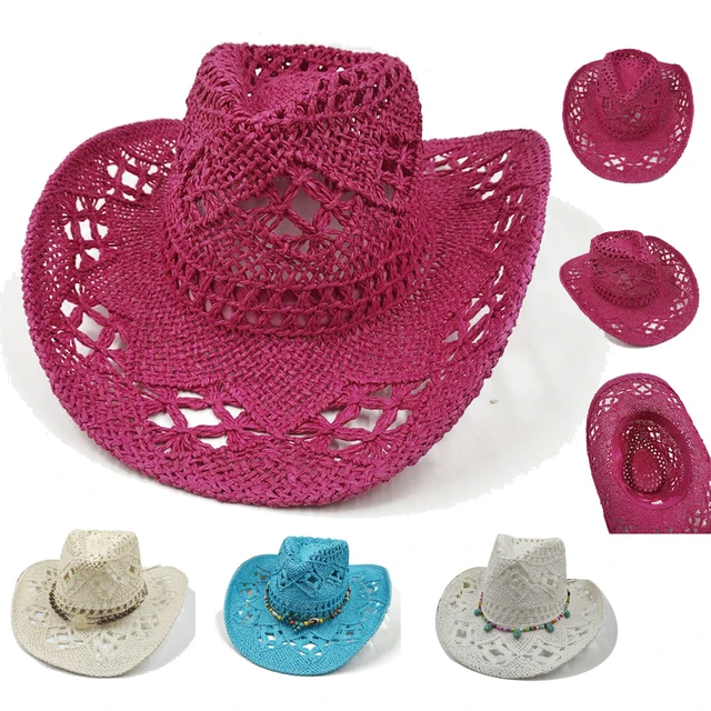 Różowy splot Hollow zachodni kapelusz kowbojski dla mężczyzn kobiety lato na zewnątrz Cowgirl plaża słońce papirus słomkowy kapelusz sombrero hombre