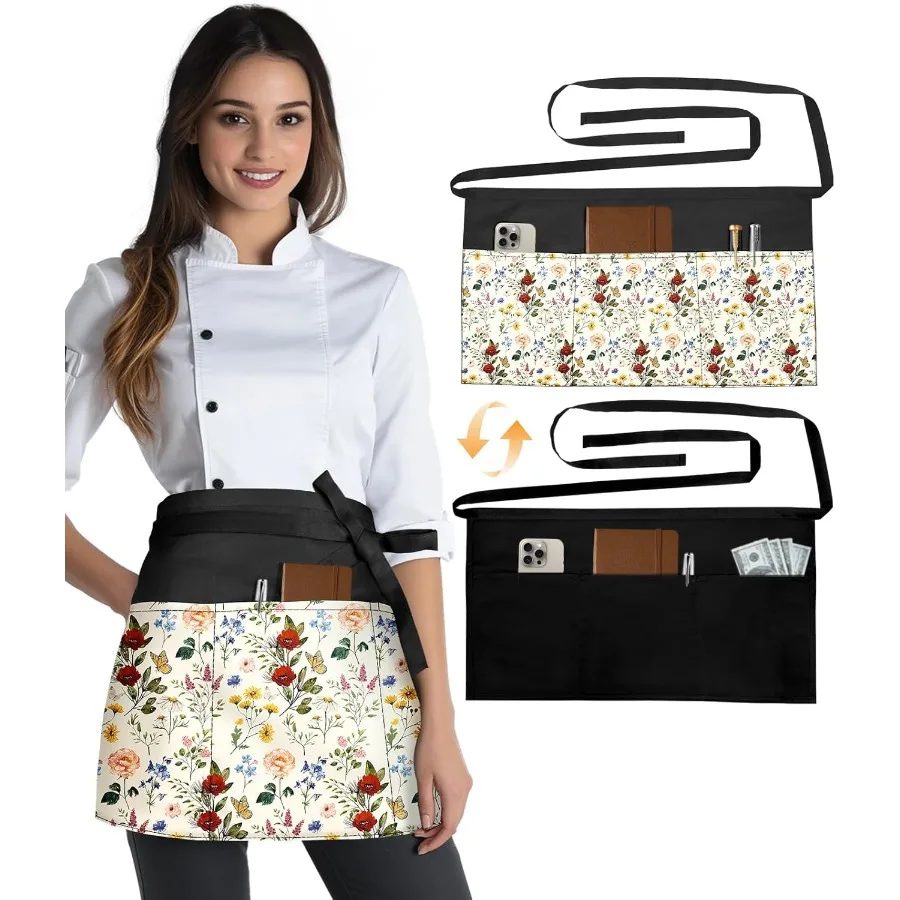 

Reversible Server Apron 6 Pockets - Waist Apron for Waitress Women Half Serving Short Apron Waiter Kitchen Accessories