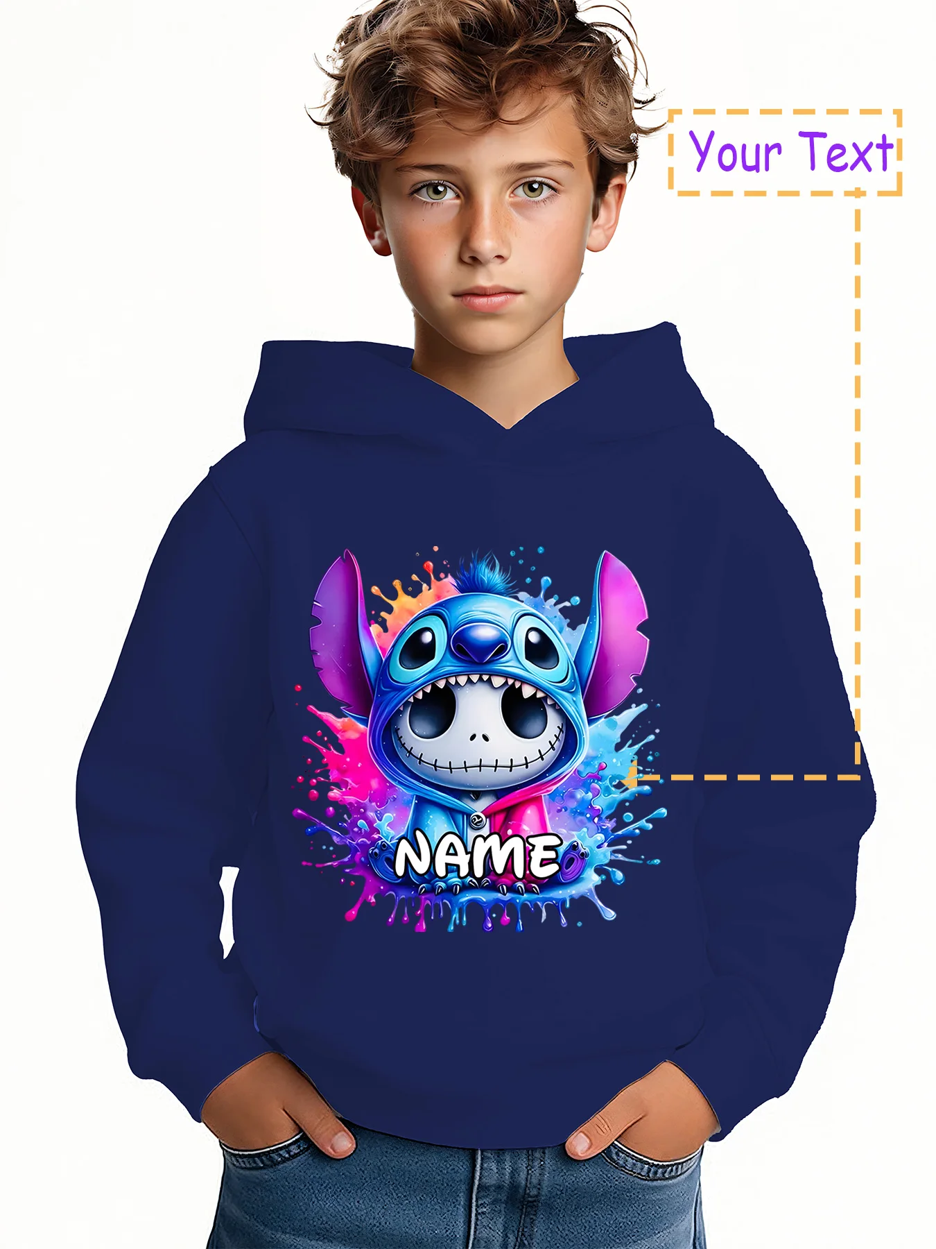 سترة MINISO Trendy Stitch Skeleton Hoodie - تصميم جمجمة عصري من Stitch، قابل للتخصيص مع "الاسم". عناصر ديزني، مثالية للأبد