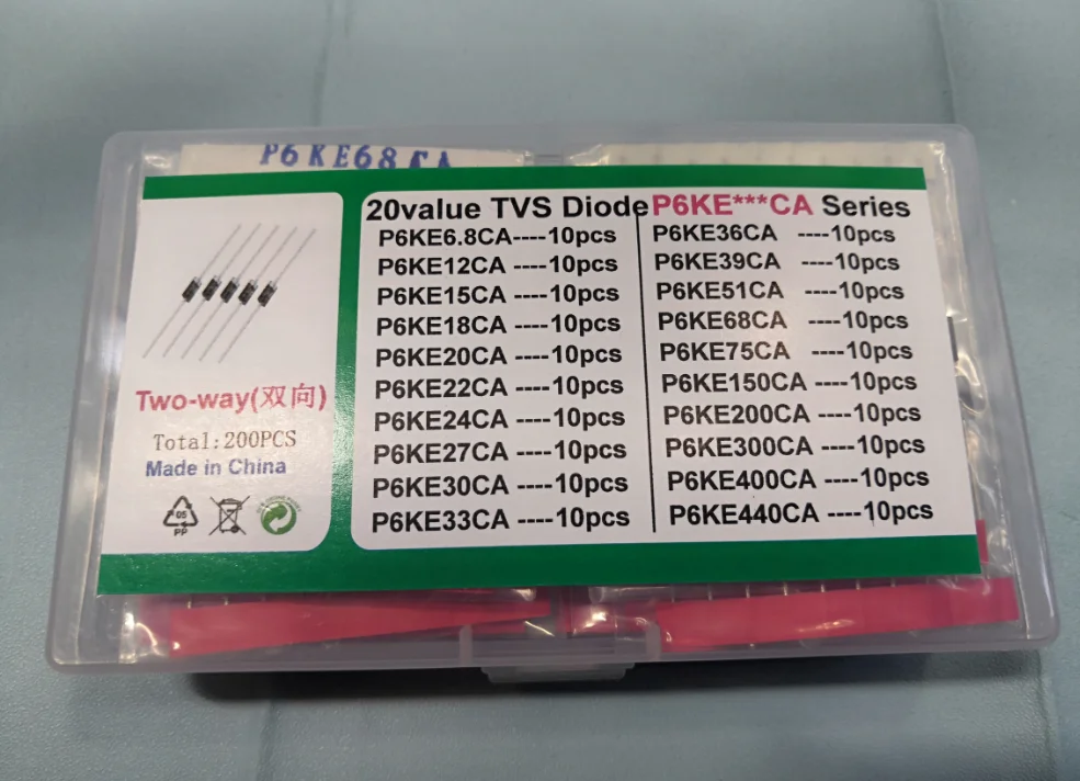 TVS 다이오드 키트, 200 개 = 20 개 * 10 개, P6KE6.8 440 A/CA 12/15/18/20/22/24/27/30/33/36/39/51 트랜지스터, 68, 75, 150, 200, 300/400