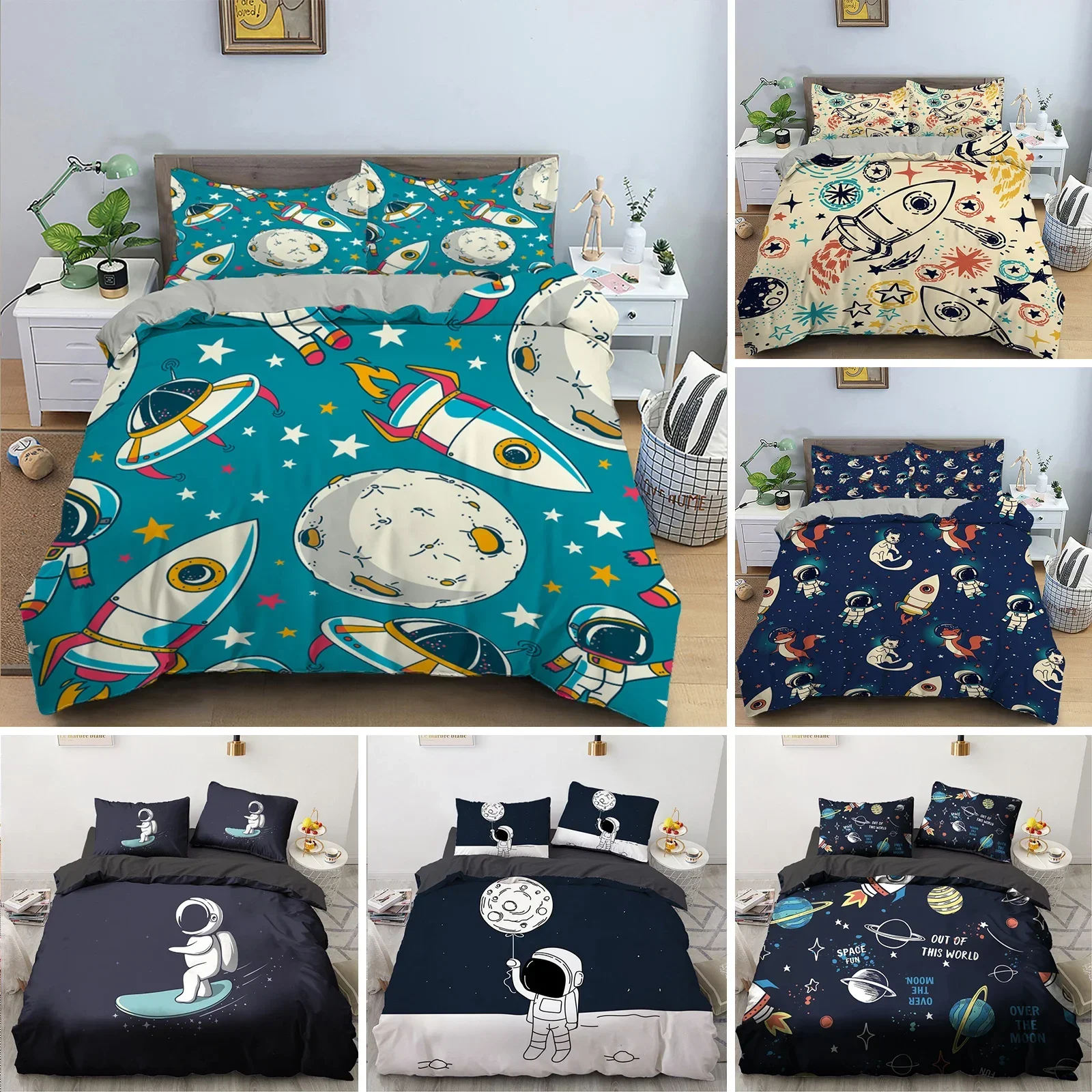 Cartoon Astronaut Outer Space Bedding Set Teens Boys Home 2/3 Piece Duvet Cover Set Pillowcase Single Twin King Quilt Cover Set