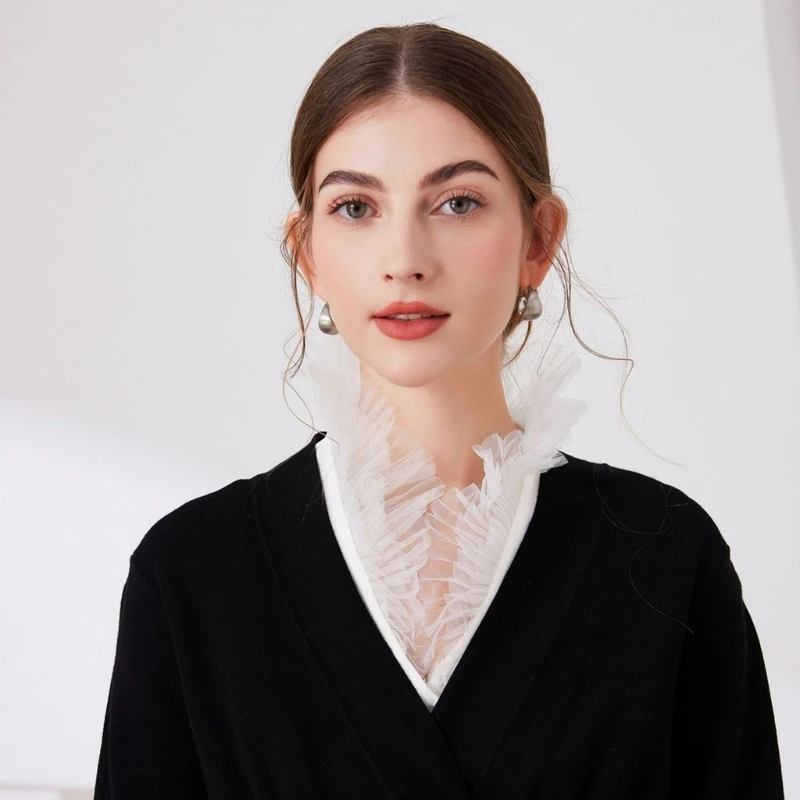 Women Detachable Faux Collar Blouse Half Shirt Layered Ruffled Mesh Low Neck False Collar Crop Top Clothing Decoration Accessory