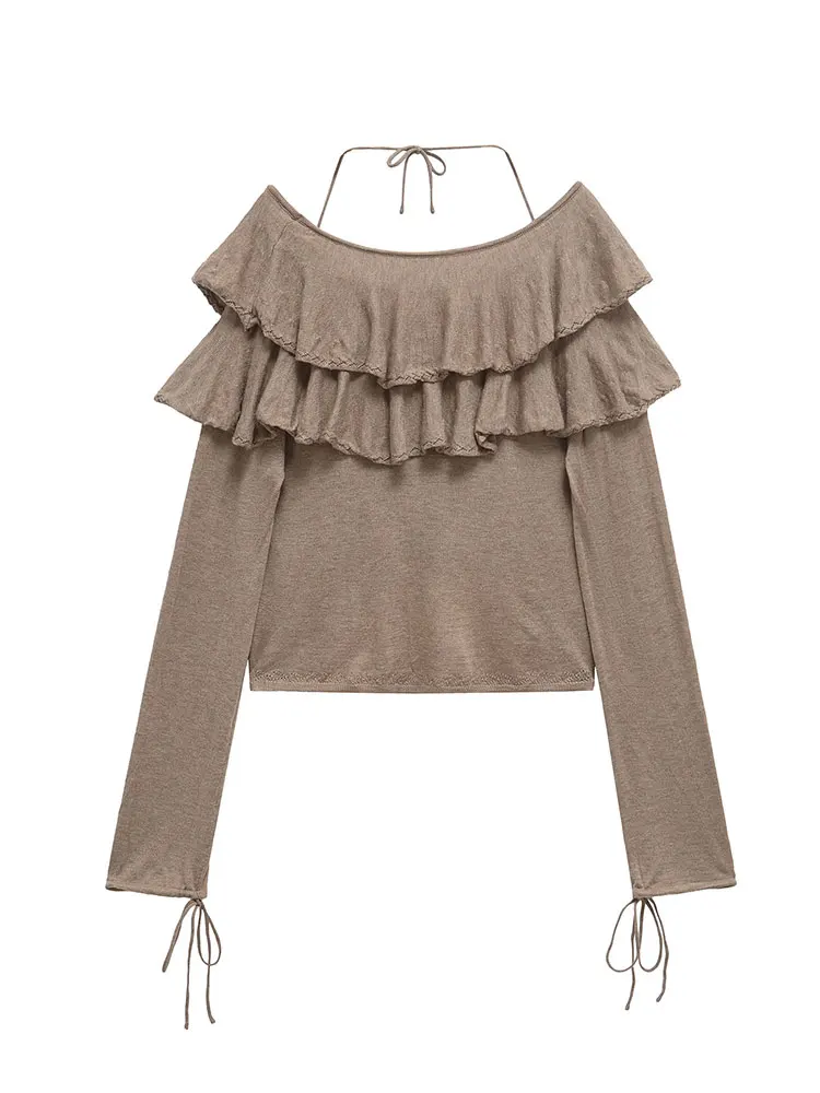 Short Sweater Tops 2025 Women's Spring Elegant Bow Lace-Up Knitted Pullovers Fashion Casual Long Sleeve Knitwear Tops ﻿