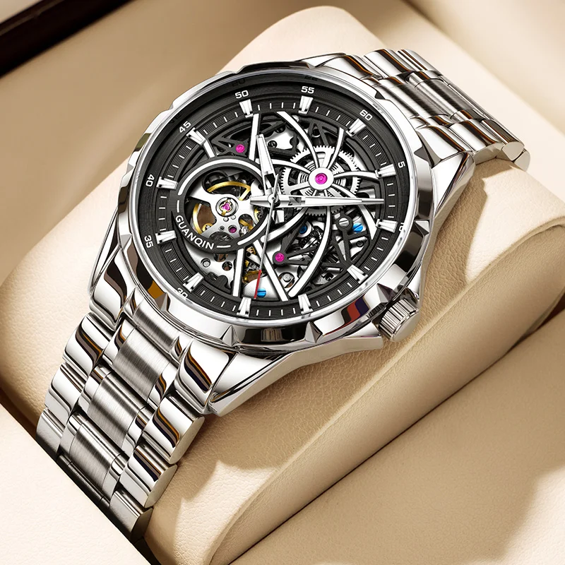 GUANQIN Men's Automatic Mechanical Watches Pretty Luminous Display Series Double Layered Hollow Out Fashionable Wristwatch