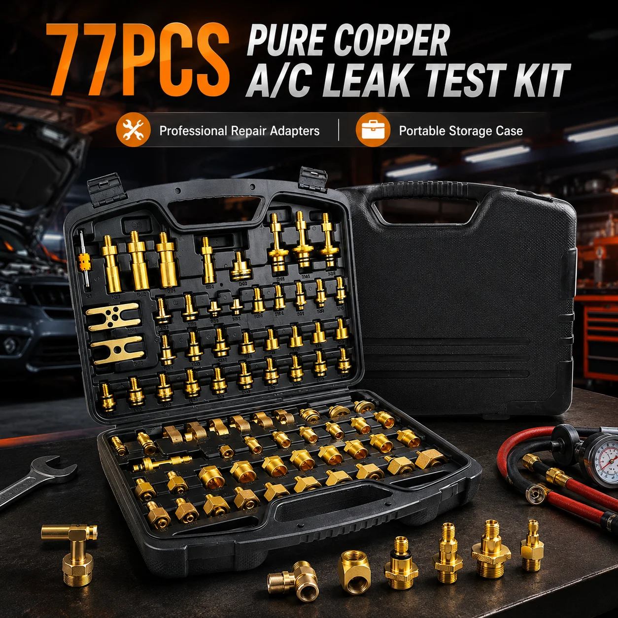77PCS Automotive Air Conditioning Leak Detection Tool Kit, Pure Copper Plugs, Threaded Adapters and Quick Connect Fittings
