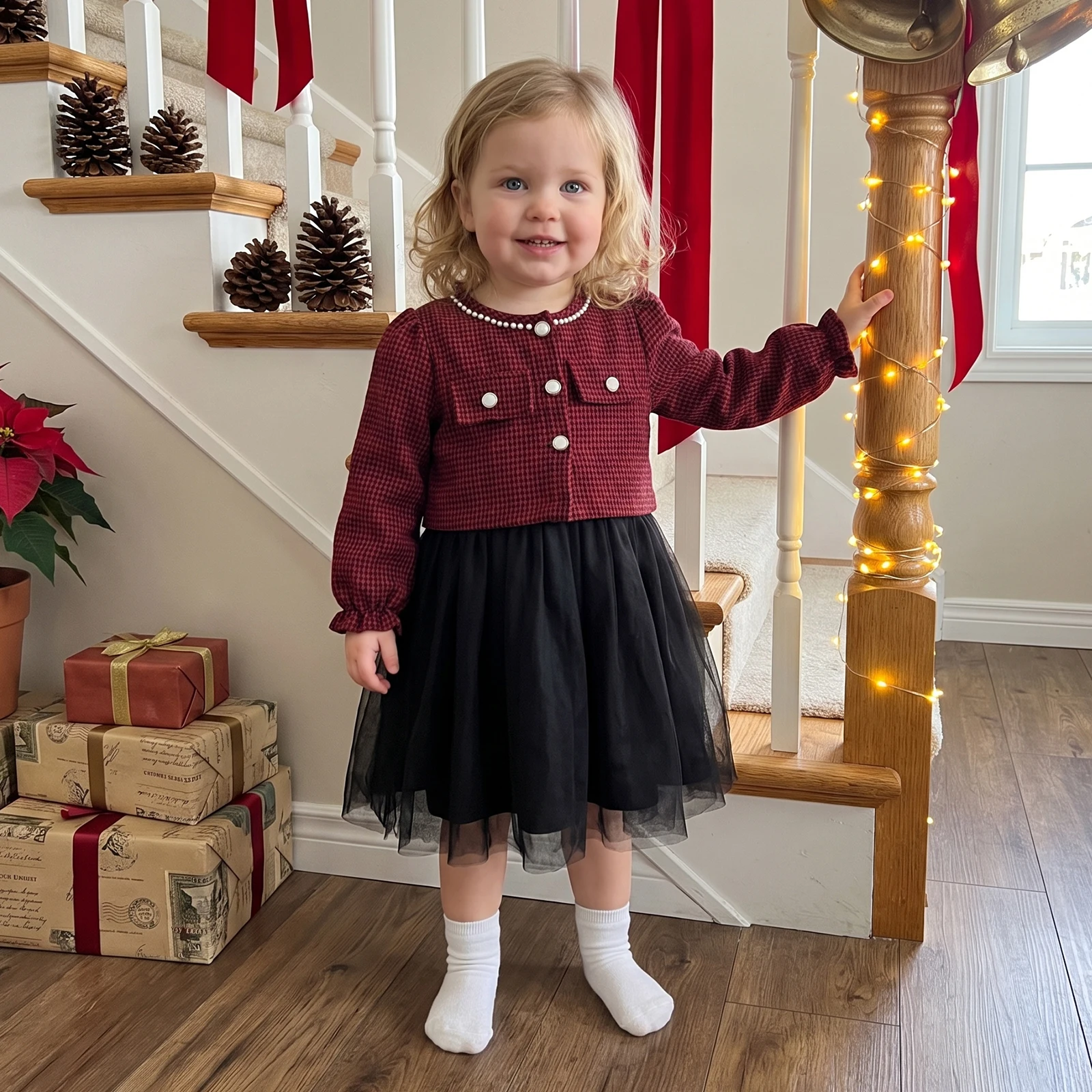 1-5Y Toddler Kids Girls Princess Party Tulle Dress With Long Sleeve Houndstooth Cropped Jackets Set for Kids