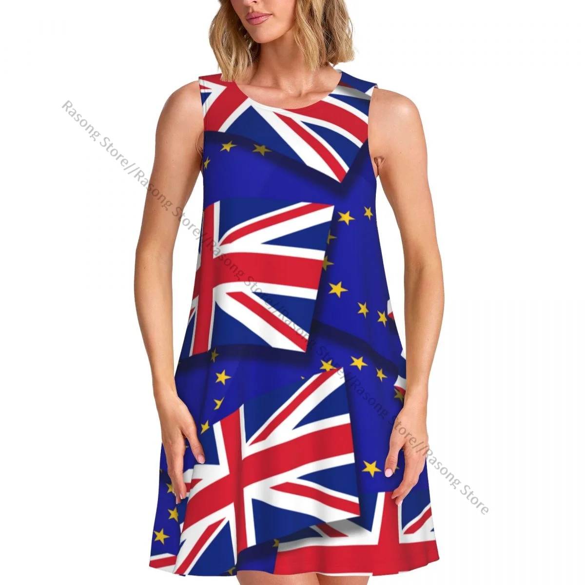 レディースドレスサマーカジュアルTシャツドレスビーチカバーアップ英国国旗タンクドレス