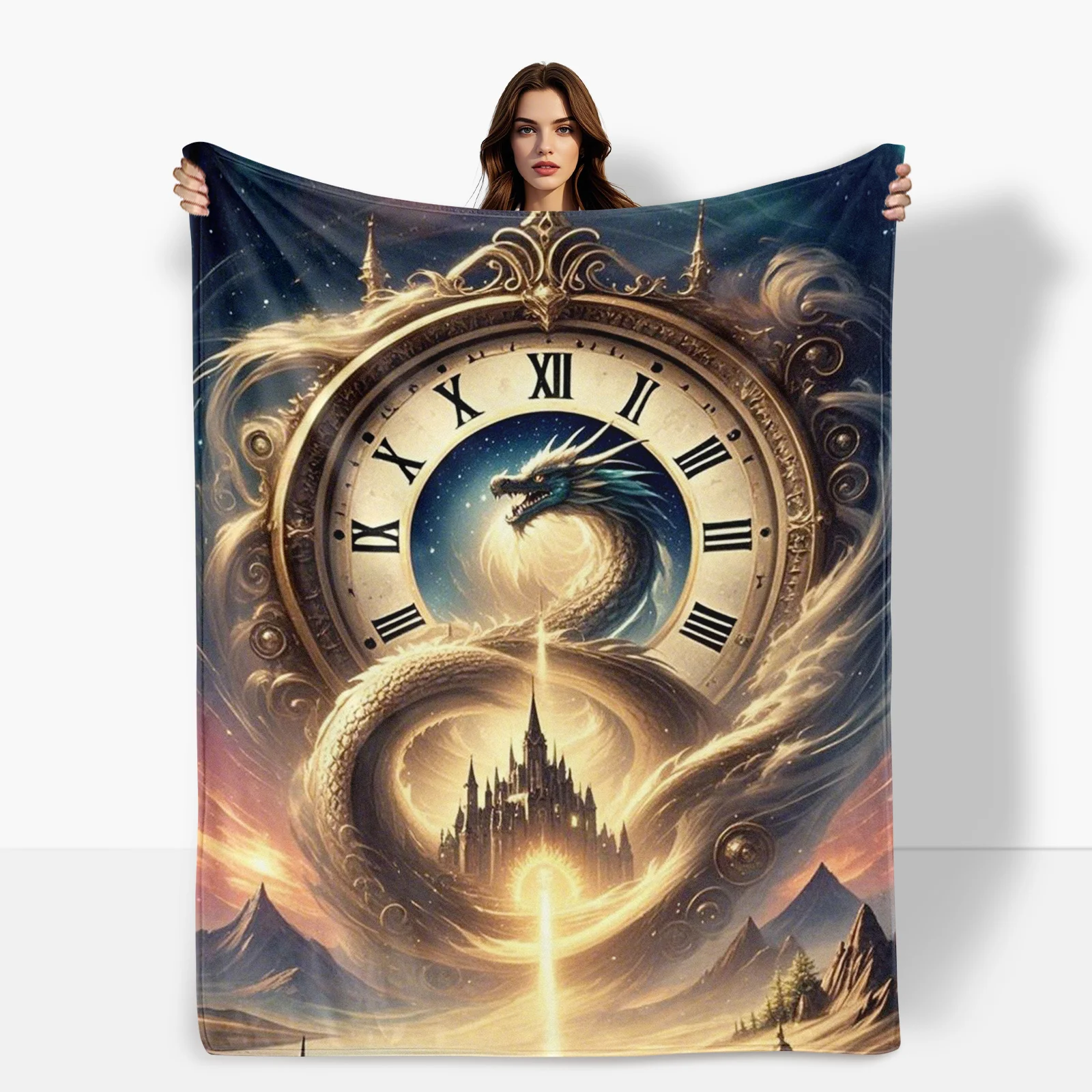 Mystical Castle Dragon And Pocket Watch Themed Blanket For Whimsical And Fantasy Inspired Home Decor