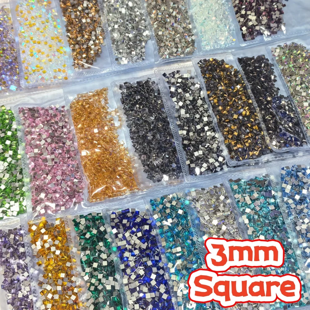 Bulk 1440Pcs 3mm Square Flatback Rhinestones Premium Cut Glass Diamonds For Manicure Garment Bag Mobile Cover Handmade Ornament