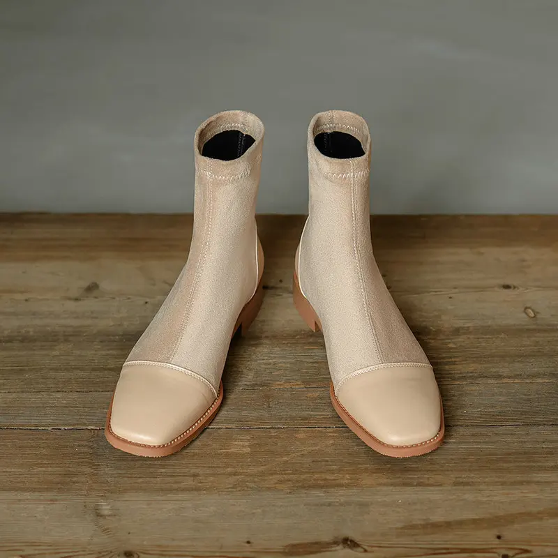 2022 Winter Fall New Apricot Nude Color Round Toe Casual Flat Heels Womens Shoes Faux Suede Stretch Ankle Chelsea Boots Size 46