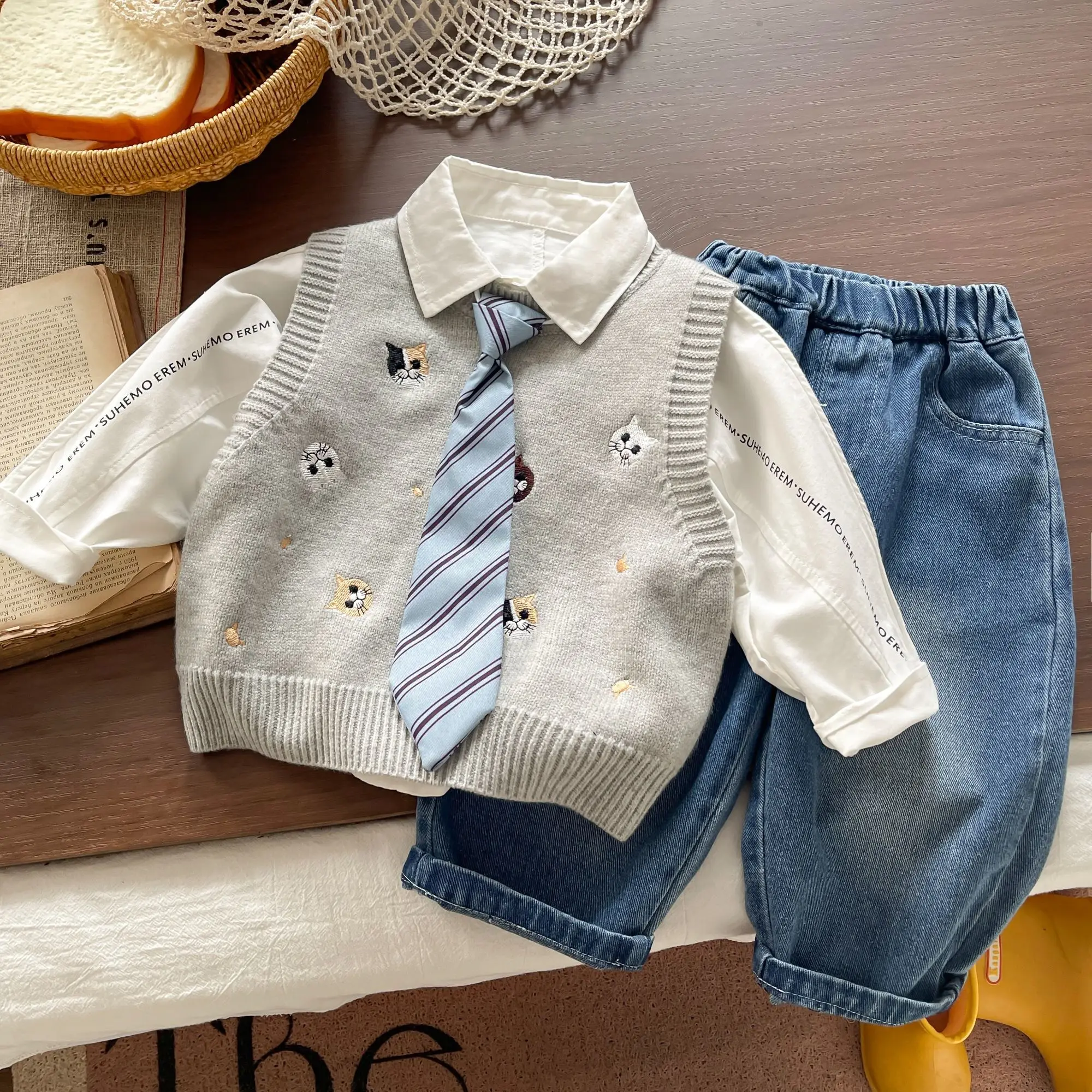 3PCS set Spring Autumn Boy Clothing set Knit vest+Shirts Tie+Pant Kid Children baby toddler boy korea designer clothes 2-10 yrs