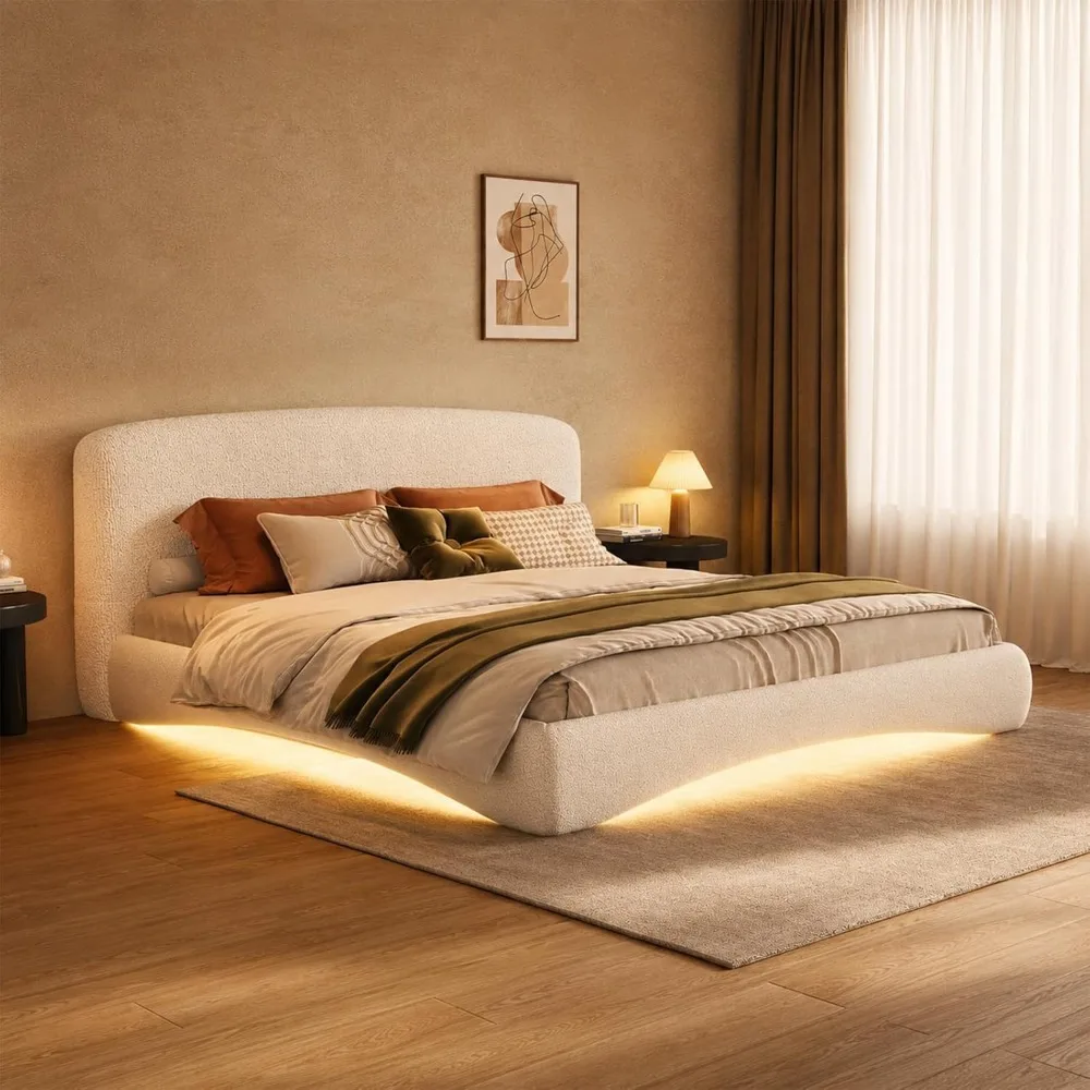 King Size Curved Upholstered Bed with Smart Ambient Lighting, Modern Bed Frame with 5.1" Thick Headboard, Boucle, Customized