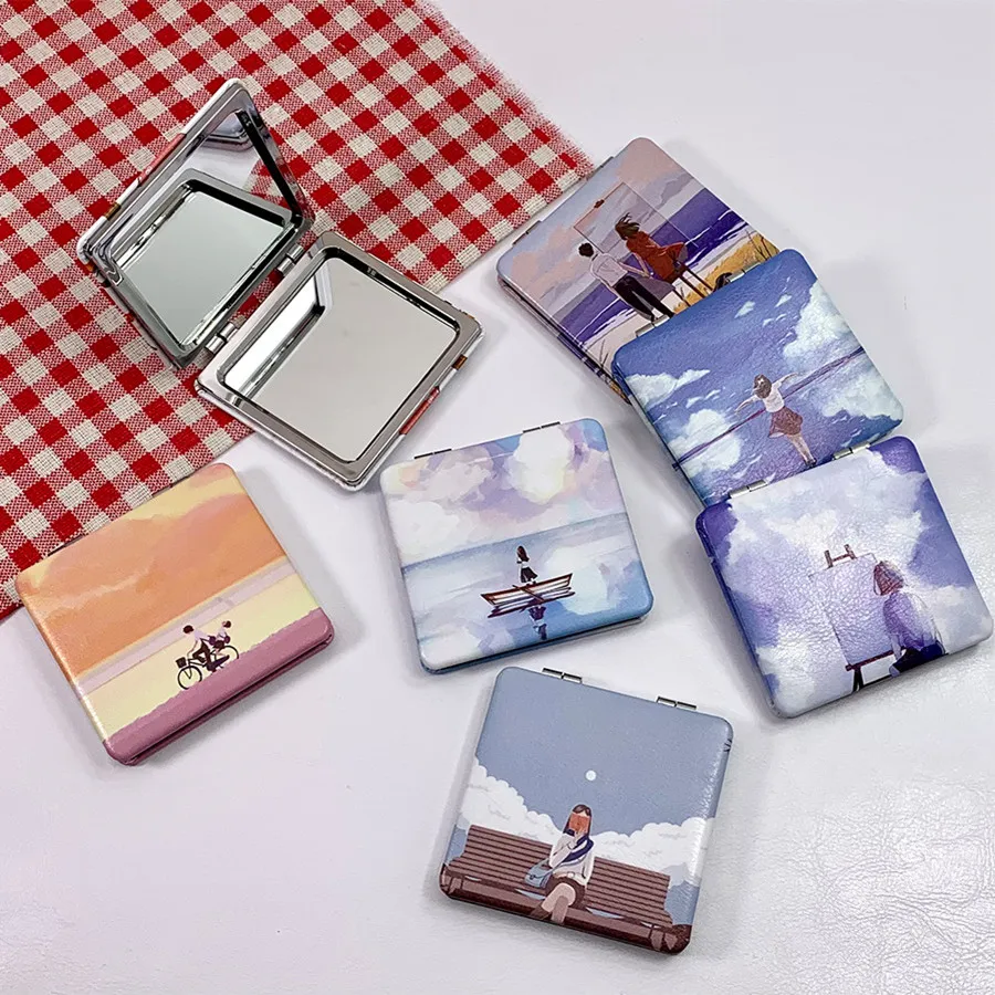 미니 메탈 메이크업 미러 만화 패턴 확대 접이식 더블 포켓 여행용 뷰티 화장 도구