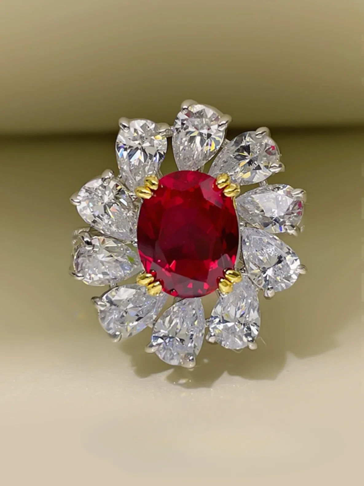 

High end 4-carat ruby pigeon blood red ring 925 sterling silver flower high carbon diamond hot selling accessory personality