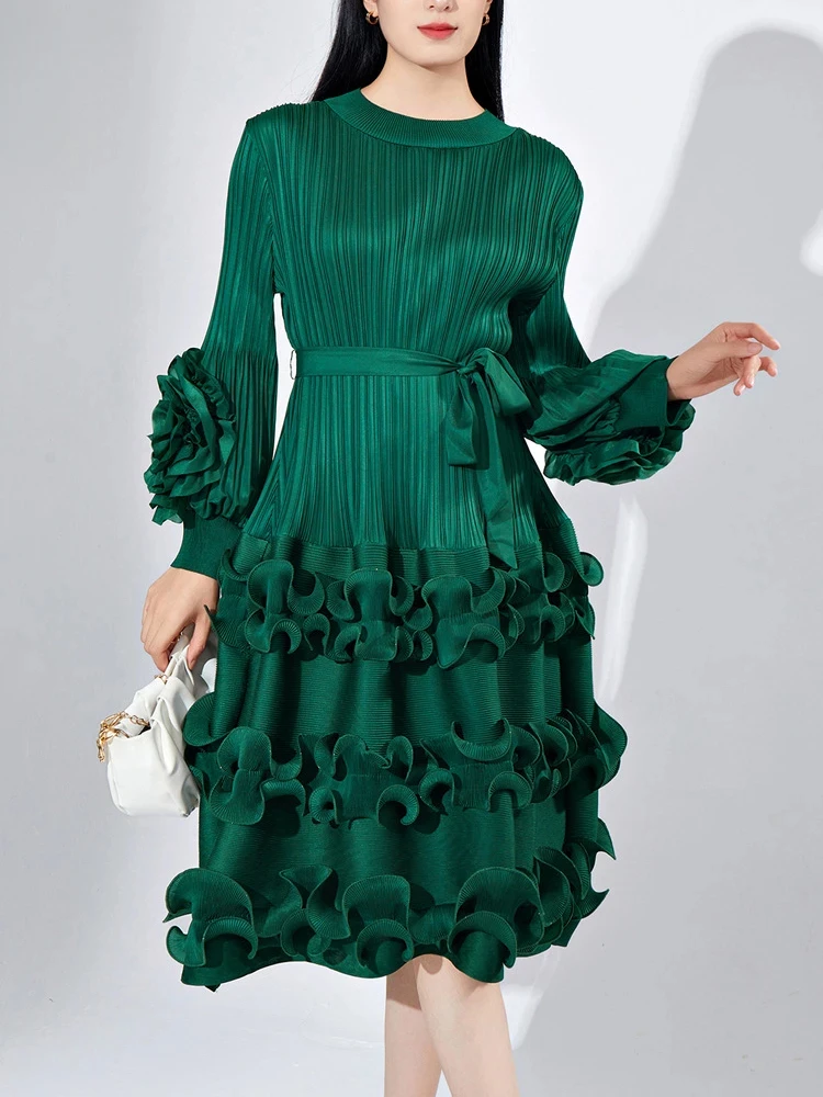 

Belt Pleated Miyake Dress Fashion Round Neck Floral Sleeves Fungus Spliced Solid Elegant Dresses for Women 2023 New 5GR2974