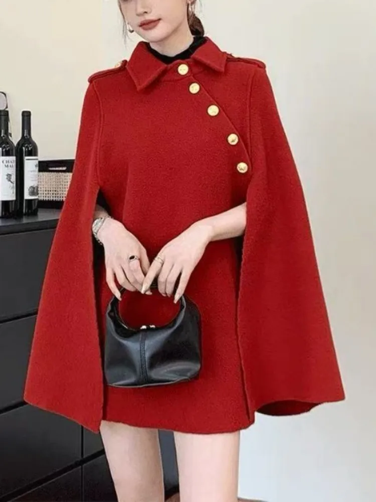 

Lemongor Women's Elegant Capes Ponchos 2025 New Cloak Sleeves Loose Gold Button Solid Color Christmas Party Lapel Coats Jackets