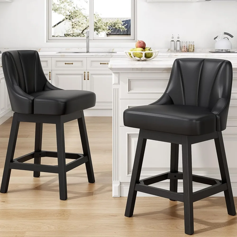 

2-piece rotating bar stool set, leather cushioned counter high bar stool, 26 kitchen island chairs with backrest and solid
