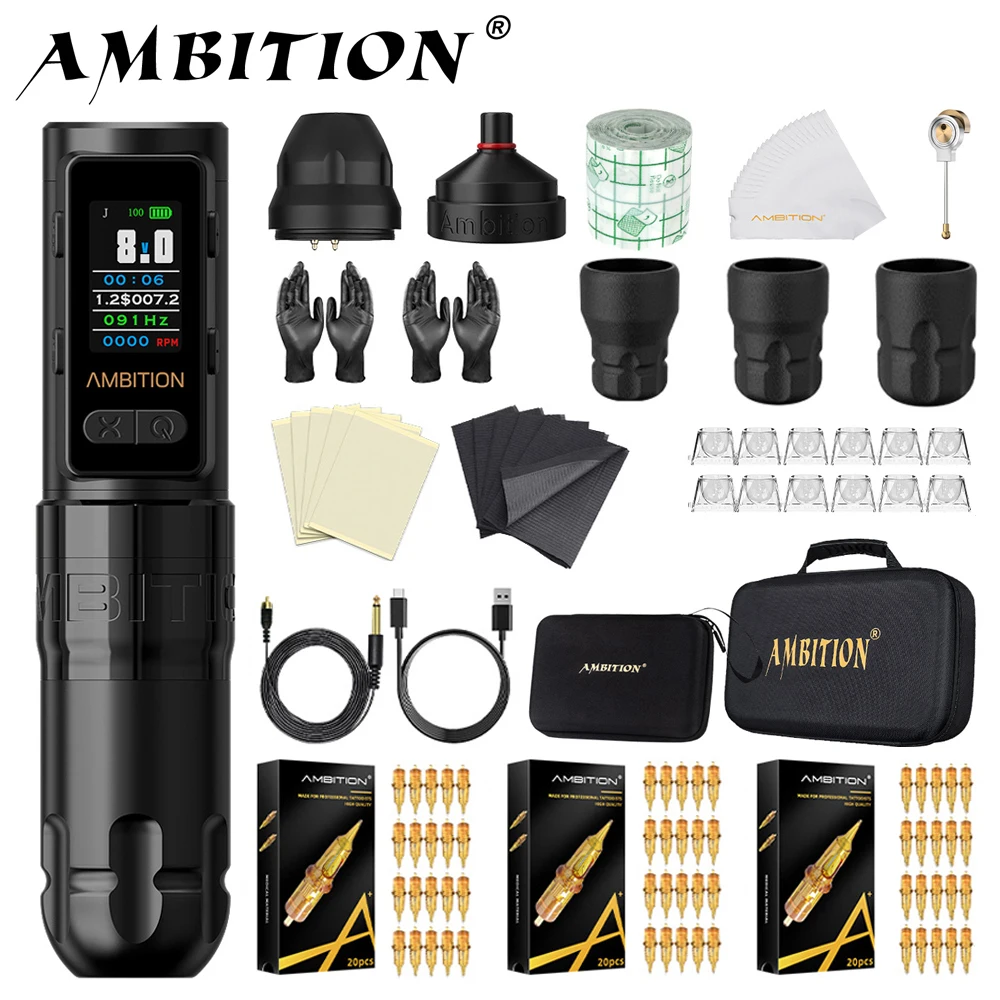 Ambition Soldier Max Kit Straight Rod Stroke 4.0mm Wireless Tattoo Machine Color Screen Billing Battery 2400mAh Coreless Motor